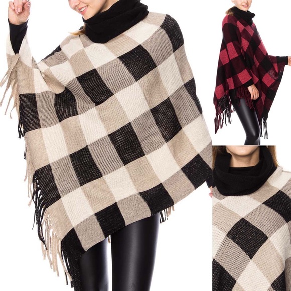 Sweaters - Plaid Poncho Sweater Fringe Hem Black/Cream